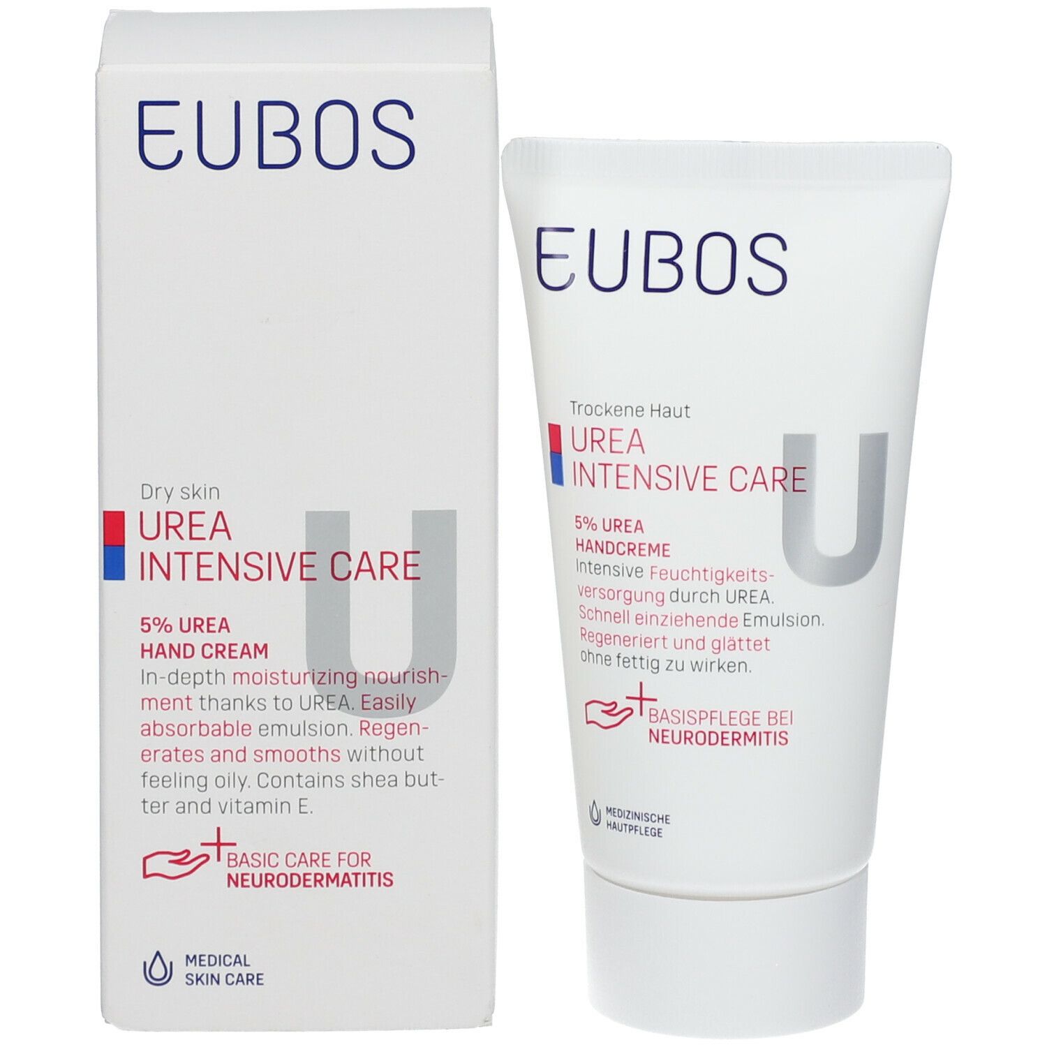 Emballage: Boîte et tube blancs. Sur la boîte: "EUBOS", "UREA INTENSIVE CARE", Crème mains 5% urée.