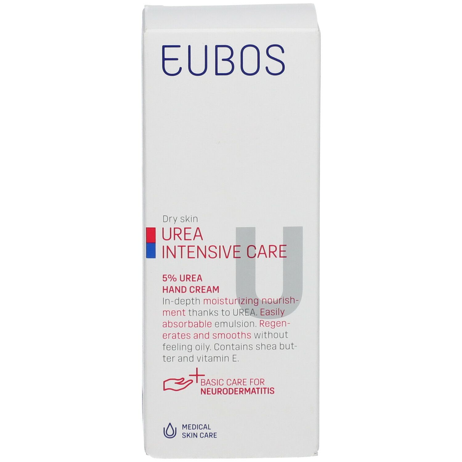 Boîte blanche avec texte bleu et rouge. "EUBOS" et "UREA INTENSIVE CARE" sont visibles. Crème mains 5% urée.