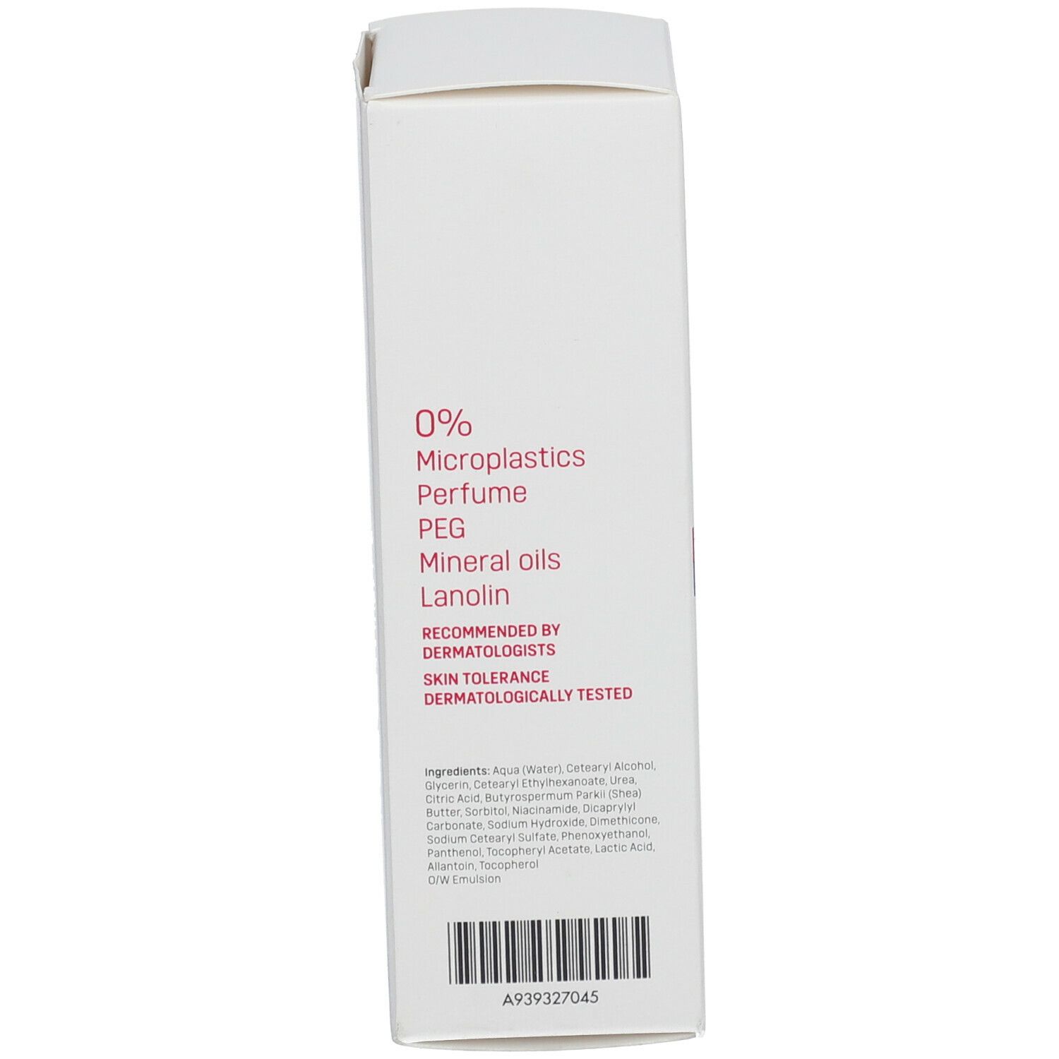 Dos de la boîte blanche. Texte: "UREA INTENSIVE CARE", 0% microplastiques. Recommandé par les dermatologues.
