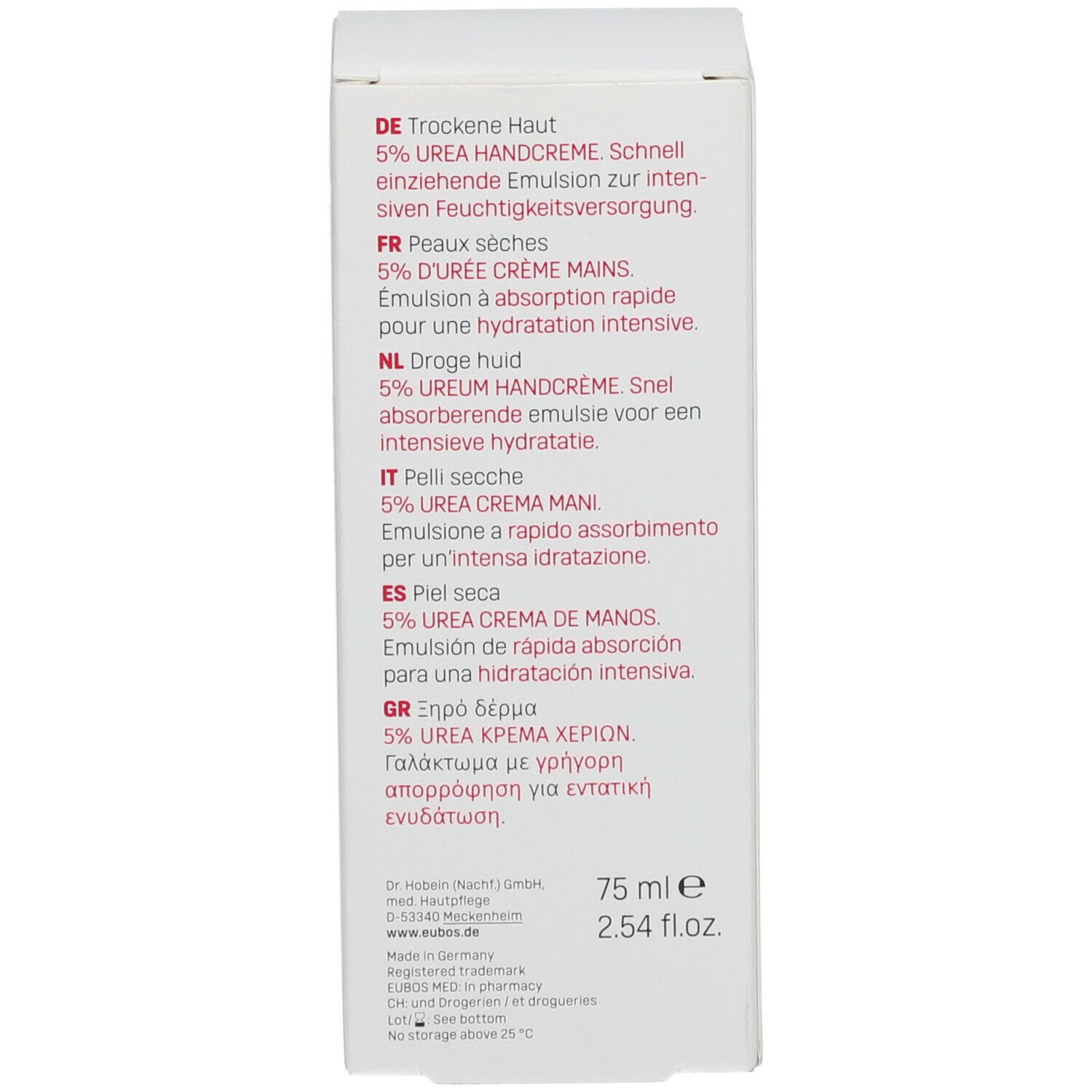 Côté de la boîte blanche. Texte en allemand, français, néerlandais et italien. 75 ml. Logo pharmacie.
