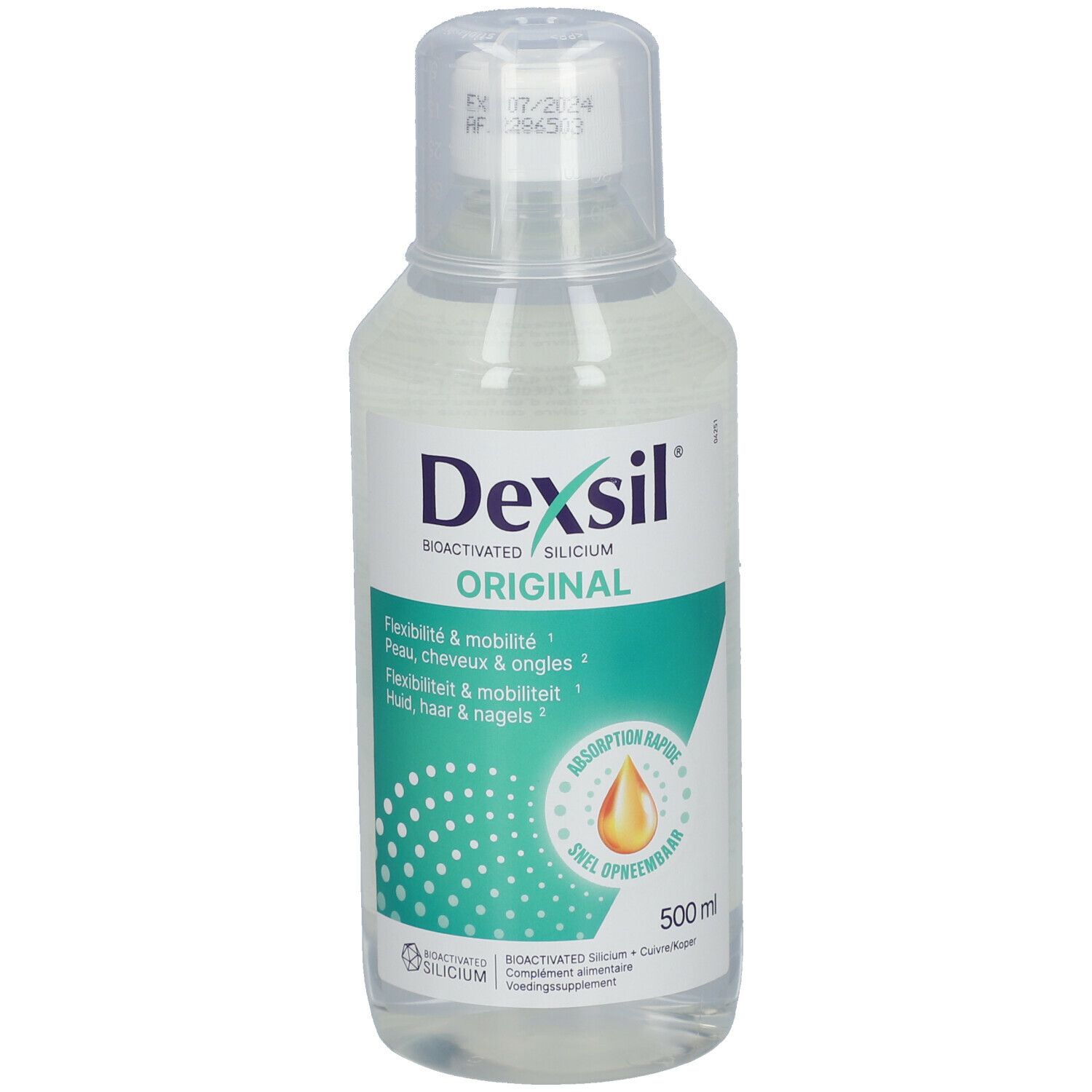 Heldere vloeistof in fles. Opschrift DexSil Original. Flexibiliteit & mobiliteit. 500 ml.