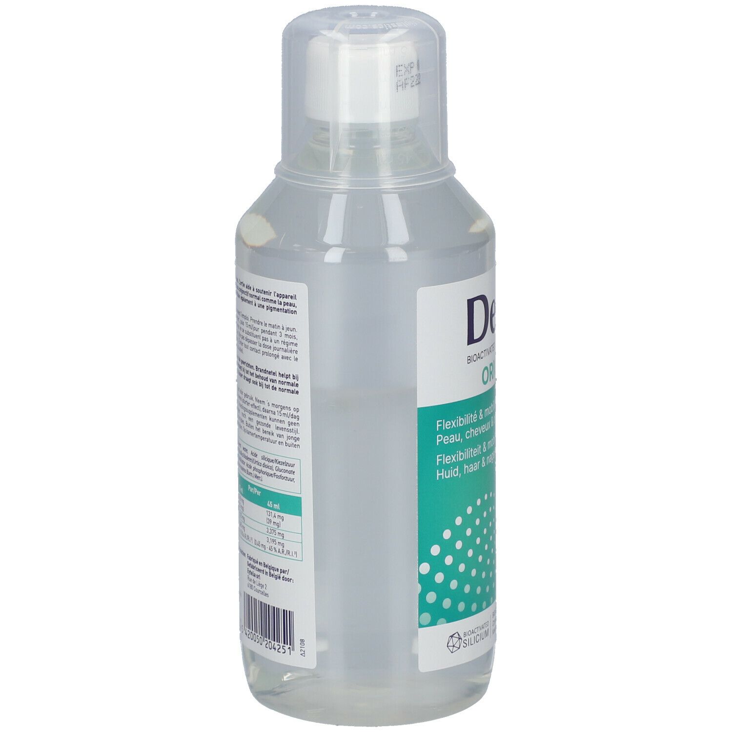 Fles met heldere vloeistof. Opschrift DexSil Original. Flexibiliteit & mobiliteit. 500 ml.