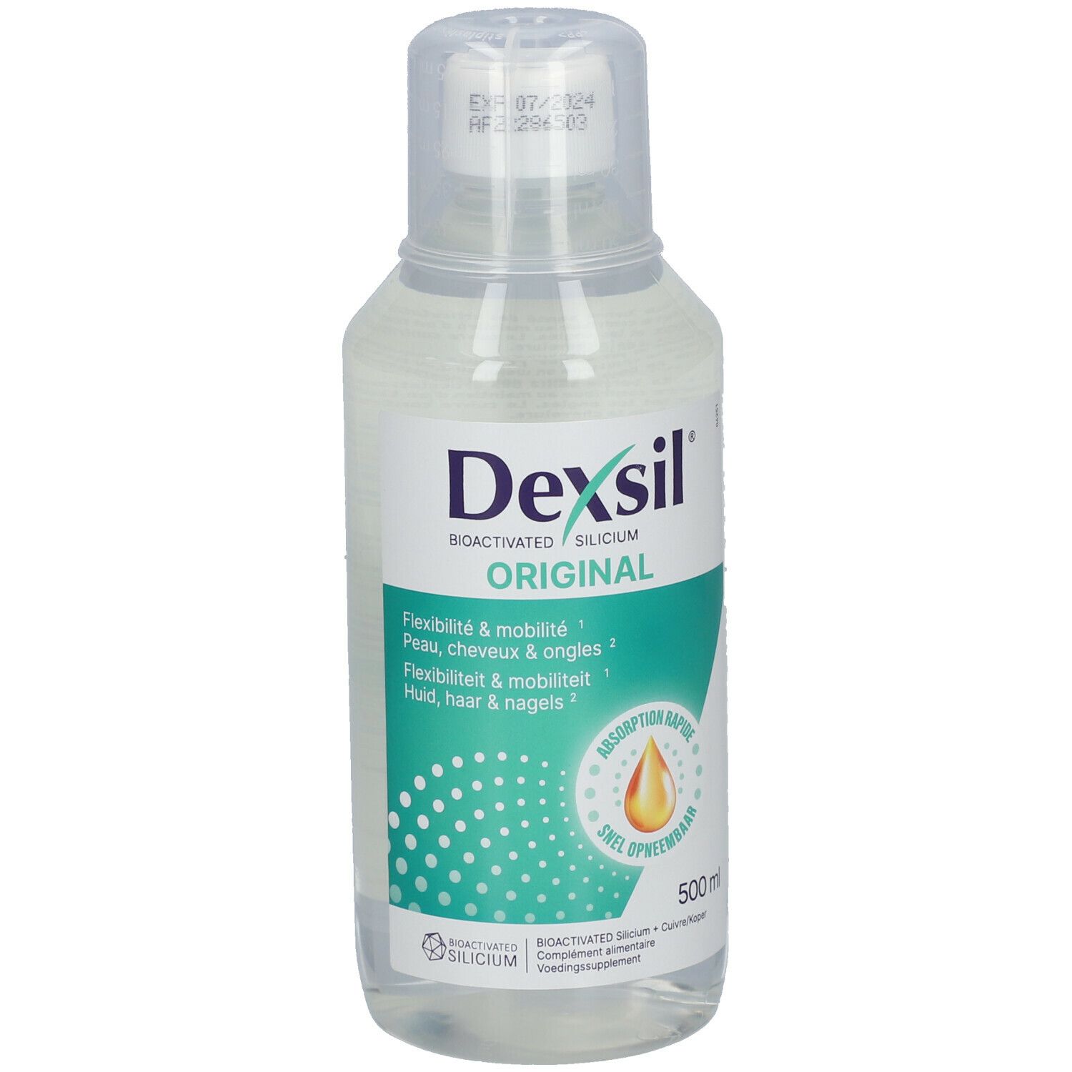 Heldere vloeistof in fles. Opschrift DexSil Original. Flexibiliteit & mobiliteit. 500 ml.