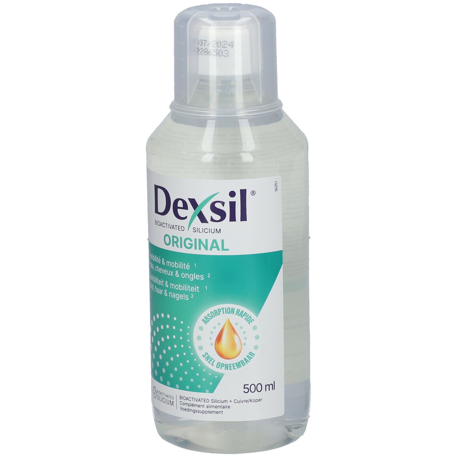 Fles met heldere vloeistof. Opschrift DexSil Original. Flexibiliteit & mobiliteit. 500 ml.
