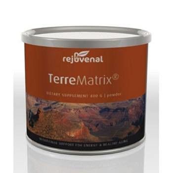 Boîte cylindrique avec étiquette marron. Inscription: Rejuvenal TerreMatrix, complément alimentaire, 400 g de poudre.