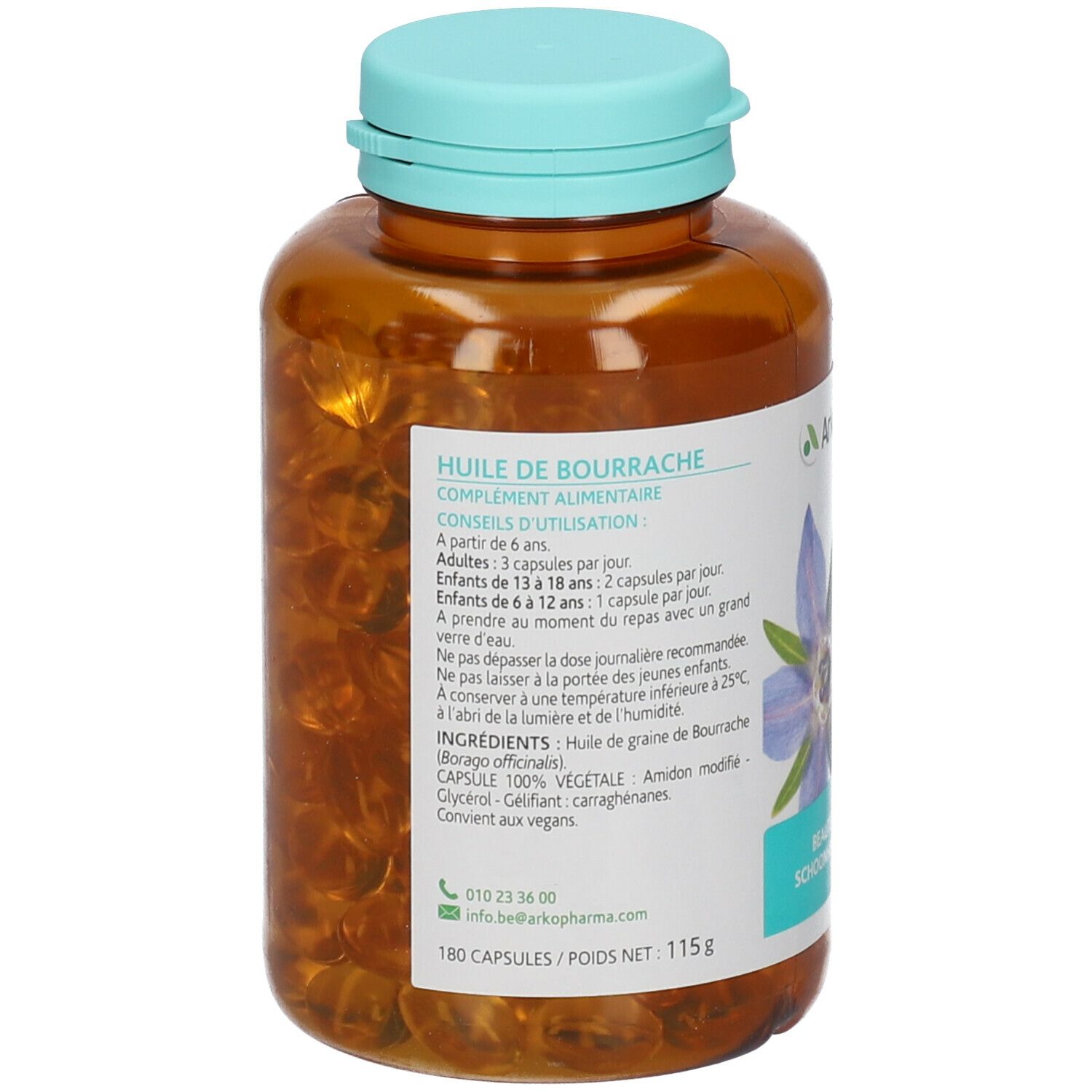 Achterkant van een bruine fles met blauwe dop. Etiket met informatie en bloem.