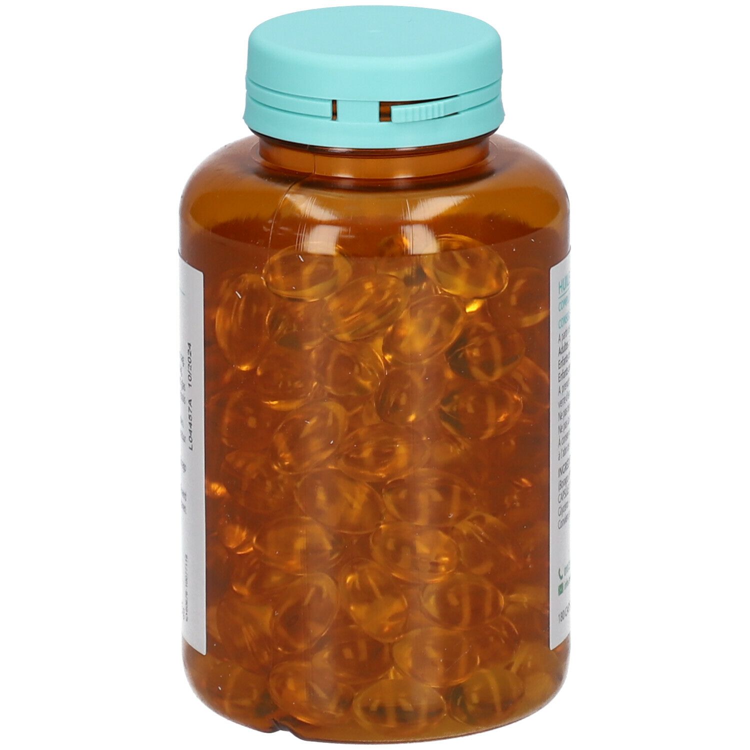 Bruine fles met blauwe dop, gevuld met transparante capsules. Geen andere details zichtbaar.