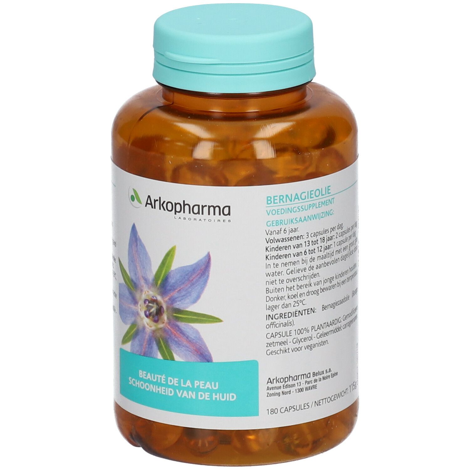 Bruine fles met blauwe dop, gevuld met capsules. Etiket met informatie en bloem.