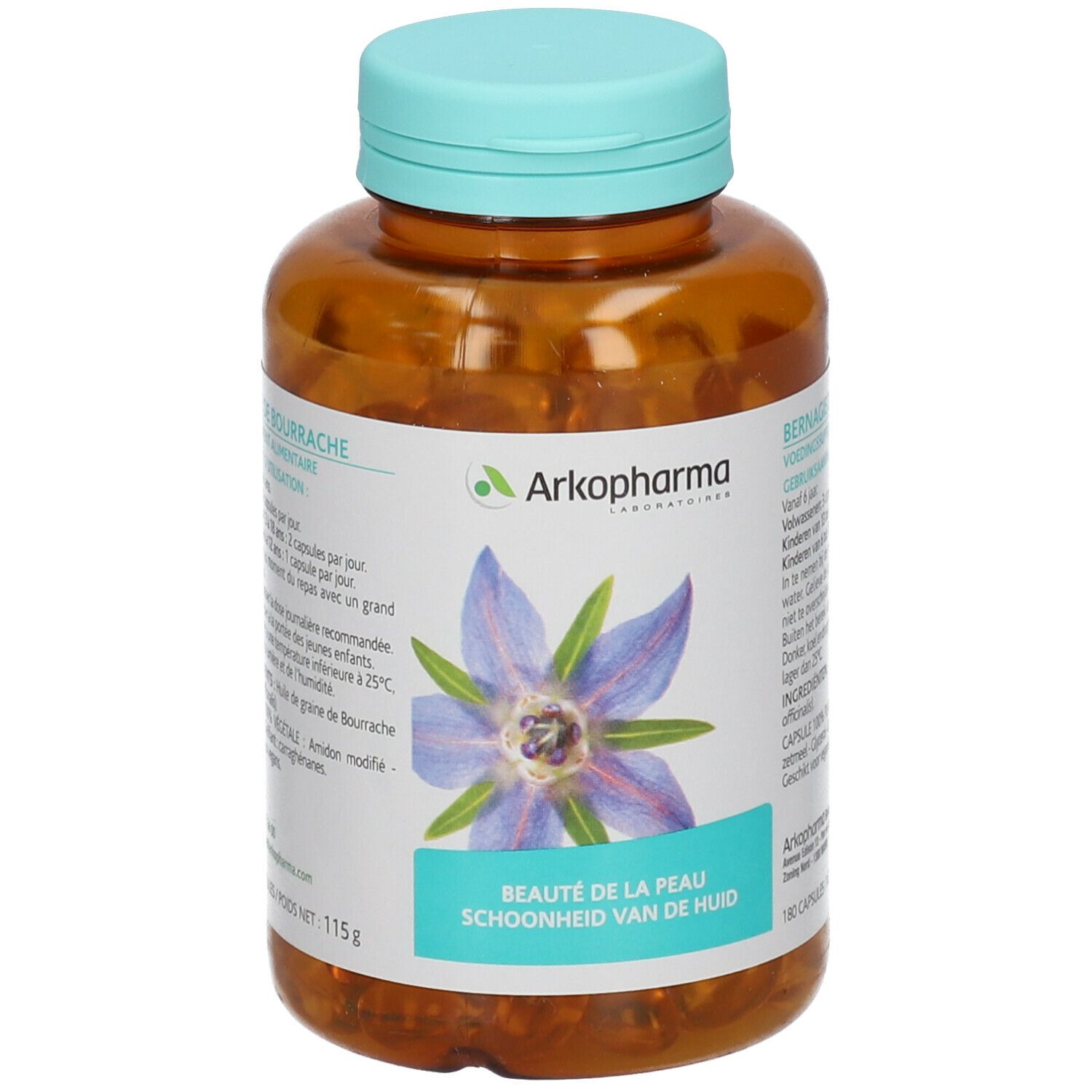 Bruine fles met blauwe dop, gevuld met capsules. Etiket met informatie en bloem.