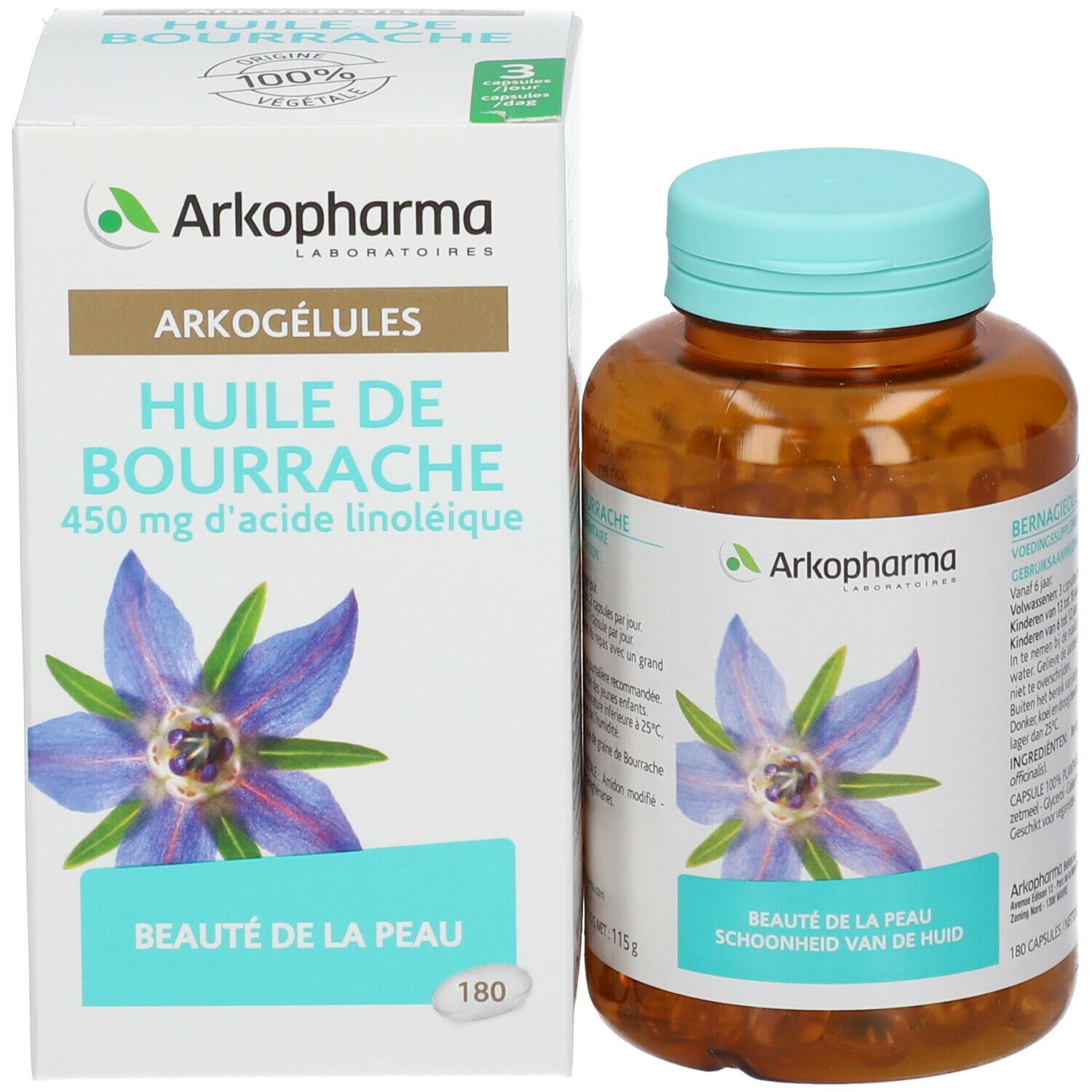 Bruine fles en doos. Fles met capsules, blauwe dop. Doos met productinformatie.