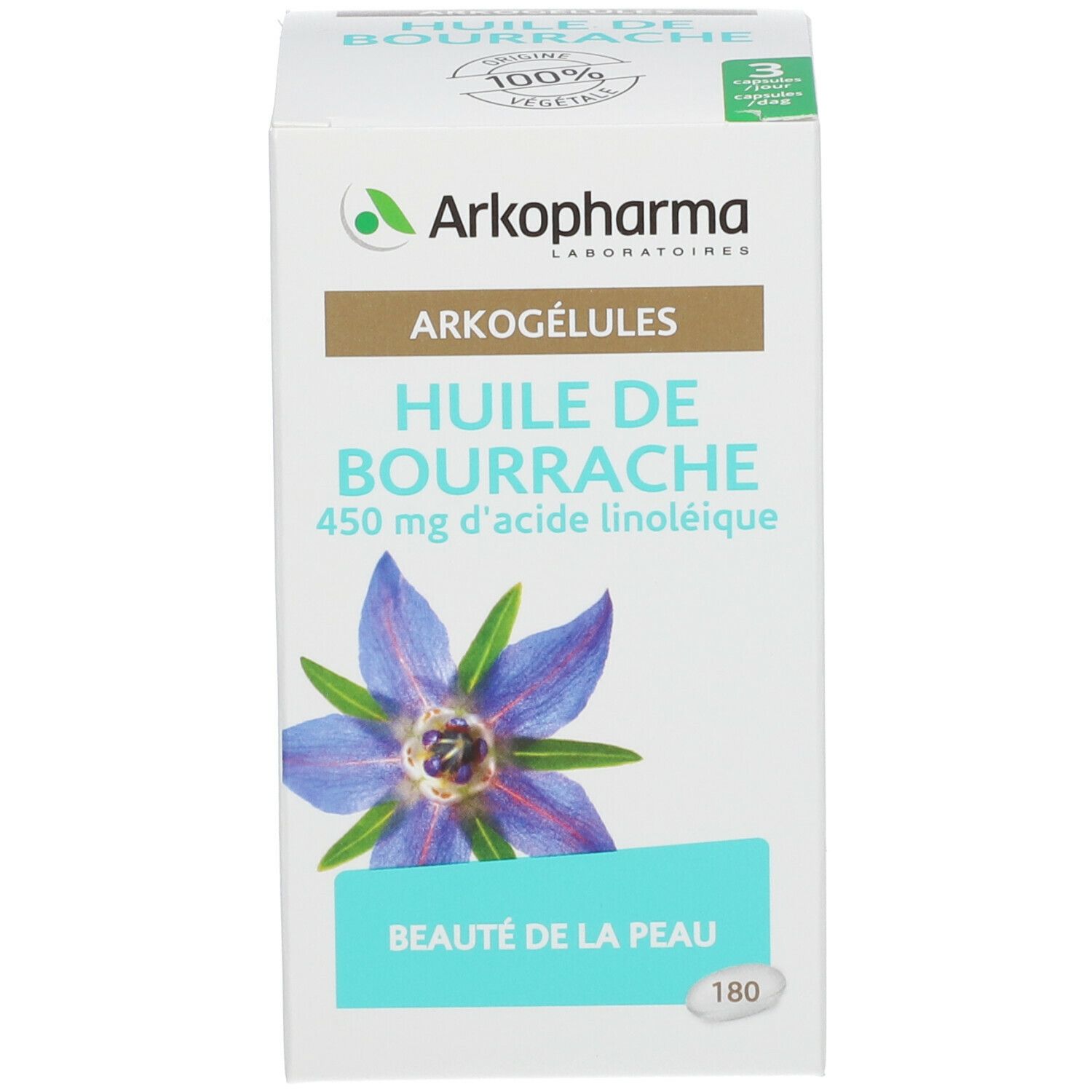Witte doos met productinformatie, blauw logo en bloem. 180 capsules.