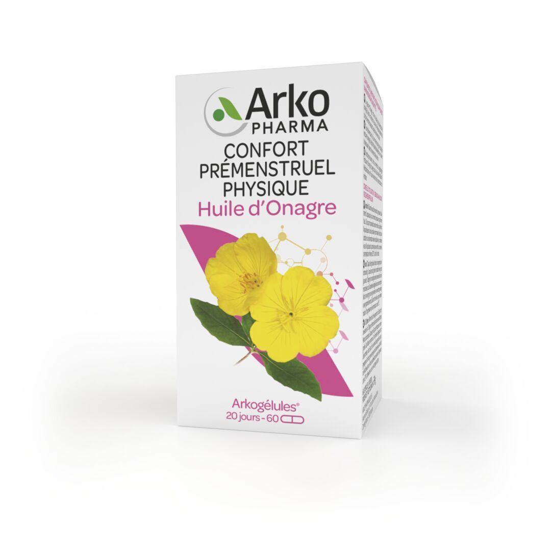 Boîte blanche avec fleurs jaunes et nom du produit. 60 gélules. 20 jours.