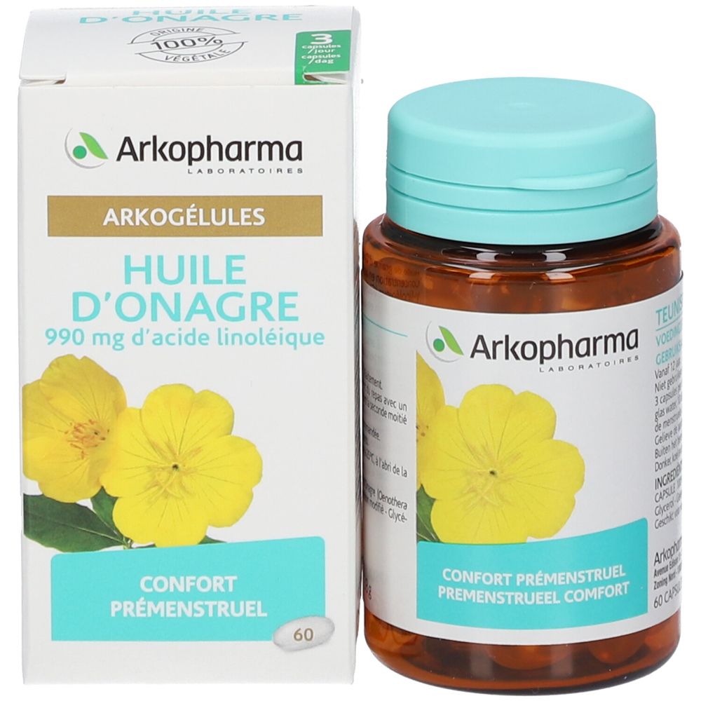 Emballage produit avec flacon et boîte. Boîte avec fleurs jaunes et nom du produit. 60 gélules.