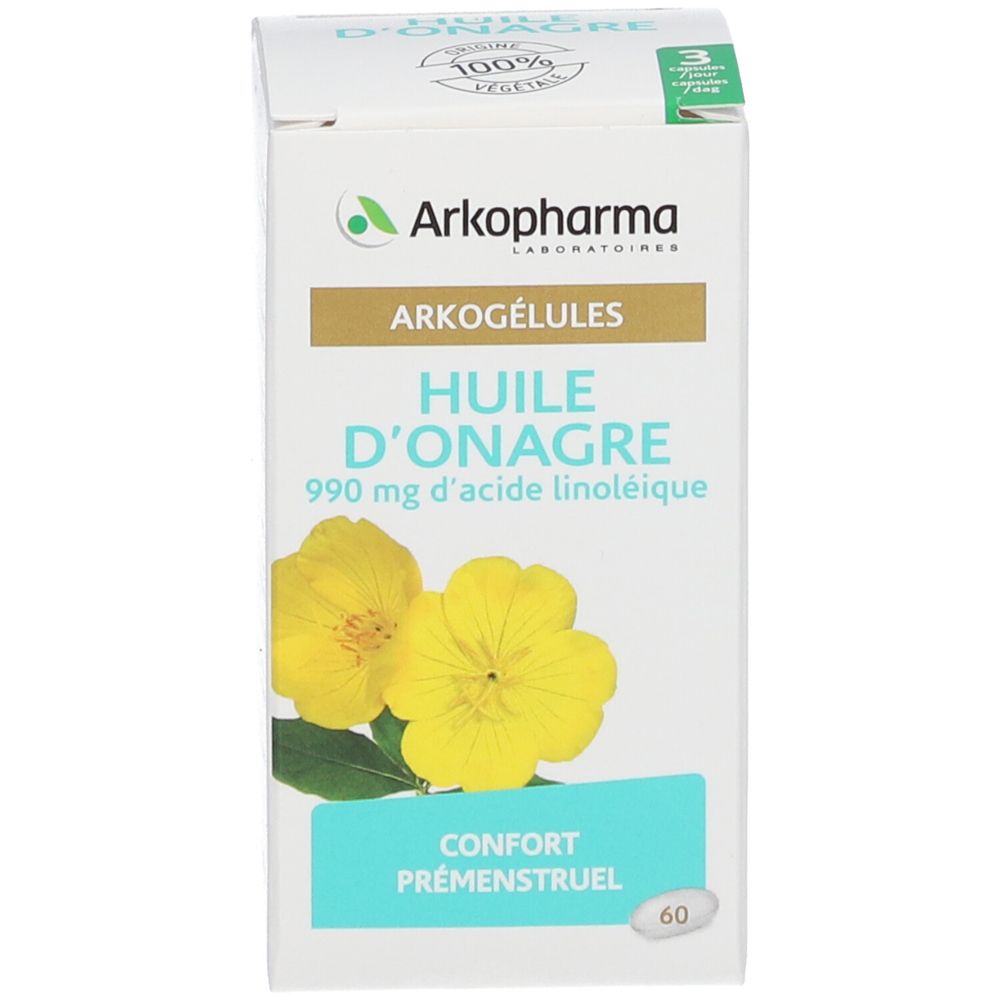 Boîte blanche avec fleurs jaunes et nom du produit. 60 gélules. 100% végétal.