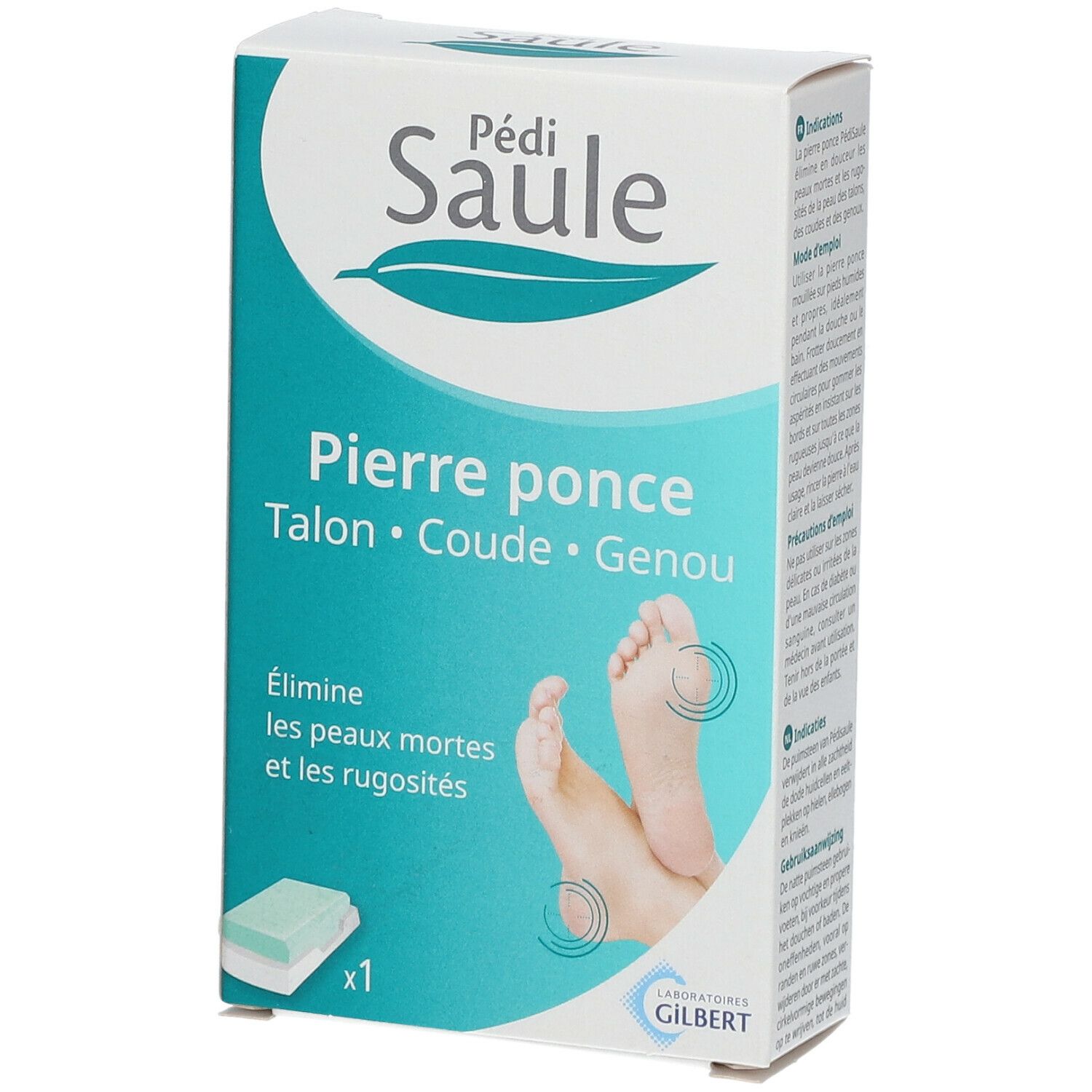 Boîte de Pédi Saule Pierre ponce. Contient une pierre ponce pour talons, coudes et genoux. Illustration de pieds.