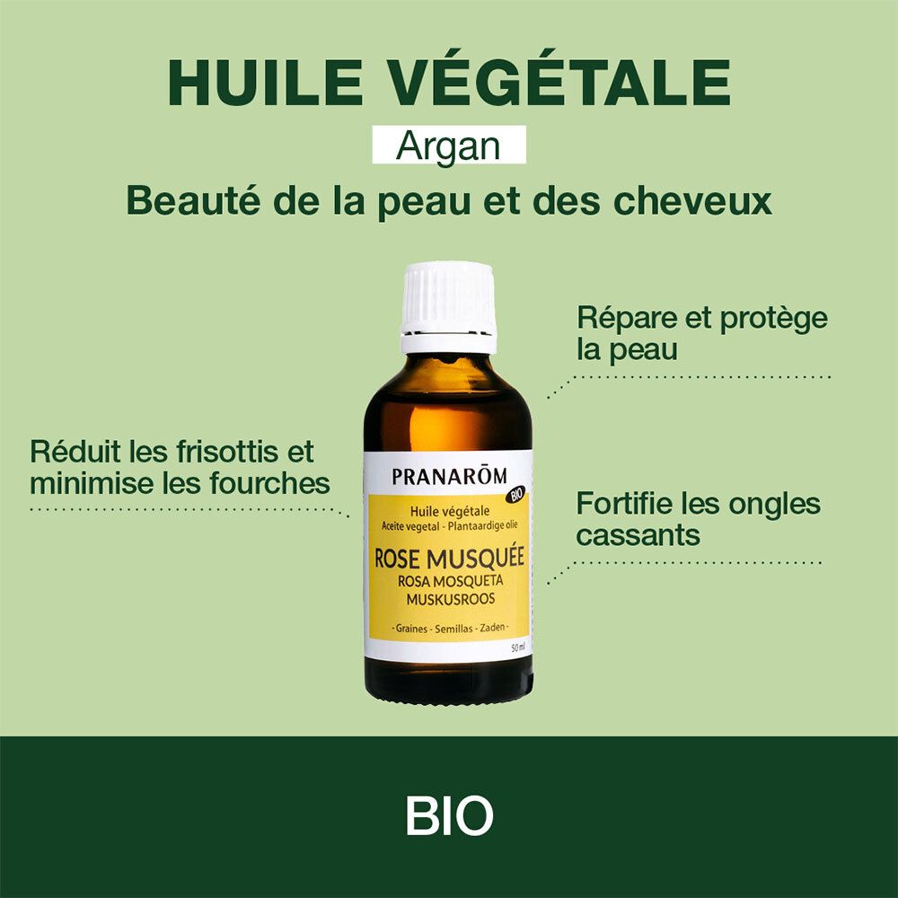 Flasche mit Arganöl. Text: Huile végétale, Rose musquée. BIO-Zertifizierung. Für Haut und Haare.