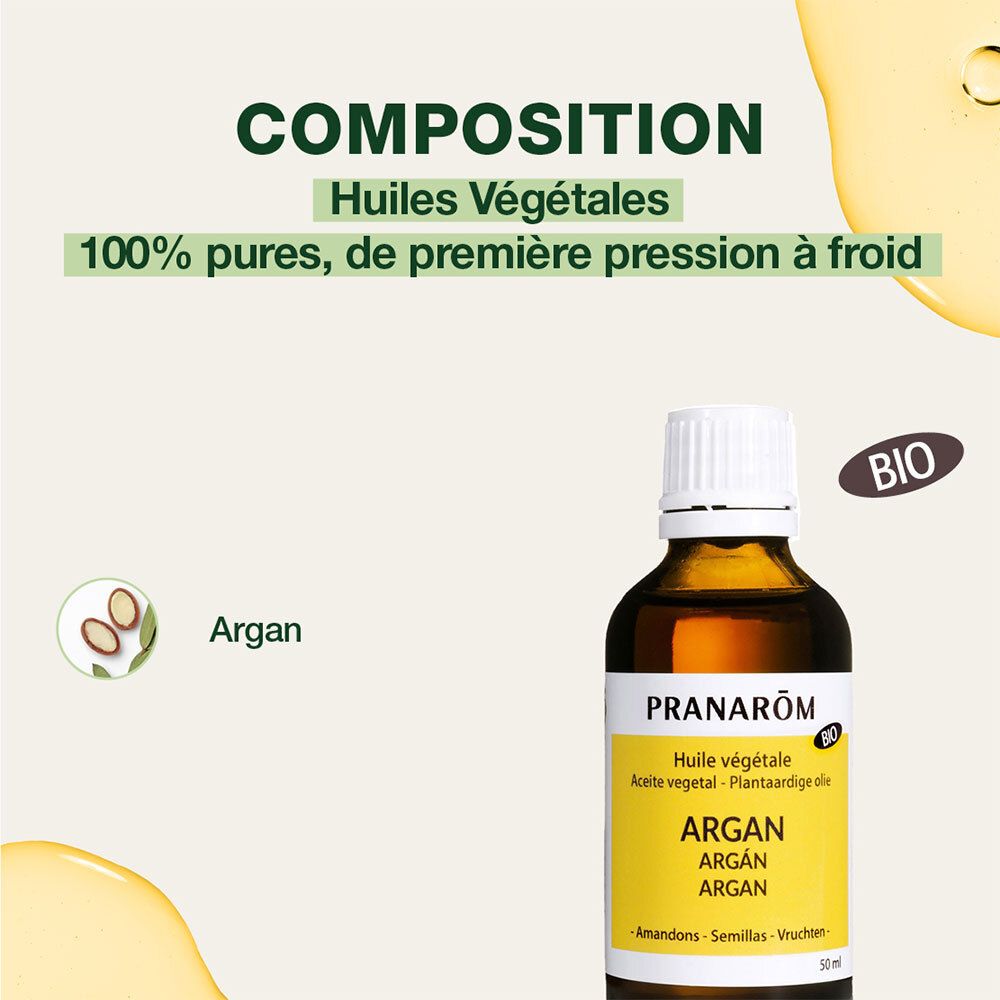 Flasche mit Arganöl. Text: Huiles Végétales, 100% reine, kaltgepresste Öle. BIO-Zertifizierung.