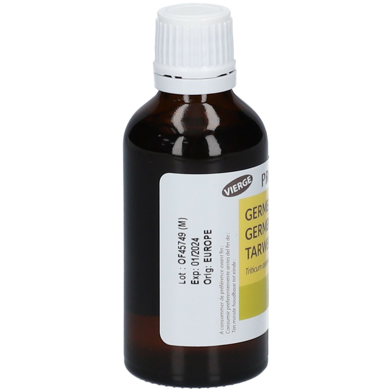 Flacon en verre brun avec bouchon blanc. Étiquette avec informations produit, numéro de lot et date de péremption. Origine : Europe.