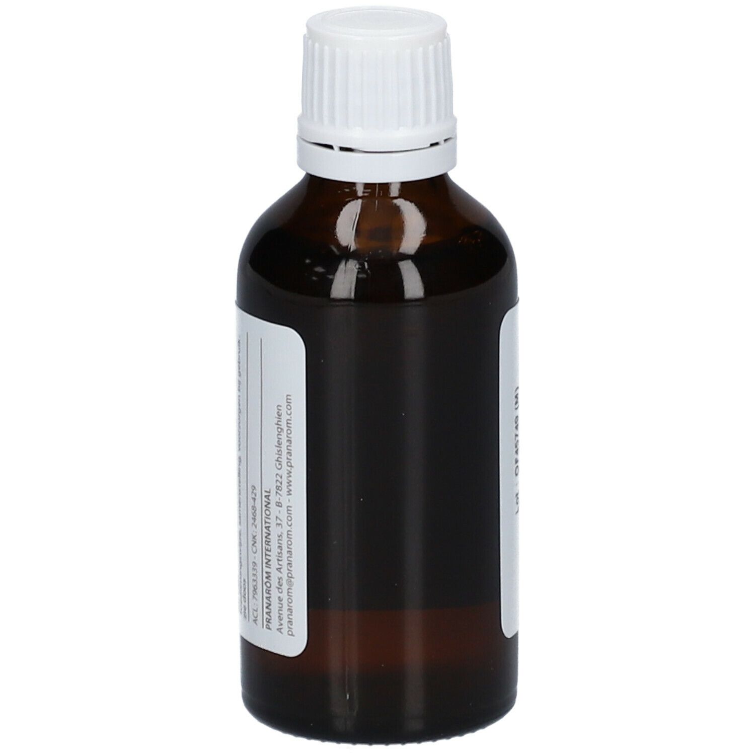 Flacon en verre brun avec bouchon blanc. Étiquette avec informations produit et coordonnées du fabricant.