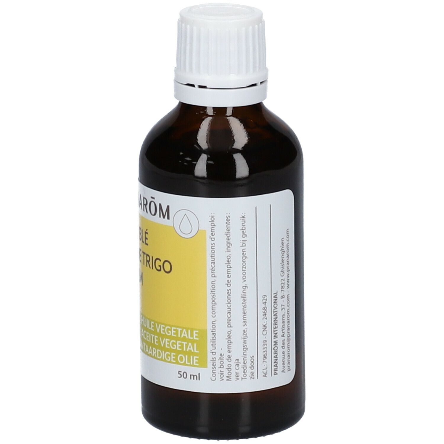 Flacon en verre brun avec bouchon blanc. Étiquette avec nom du produit et désignations multilingues. 50 ml.