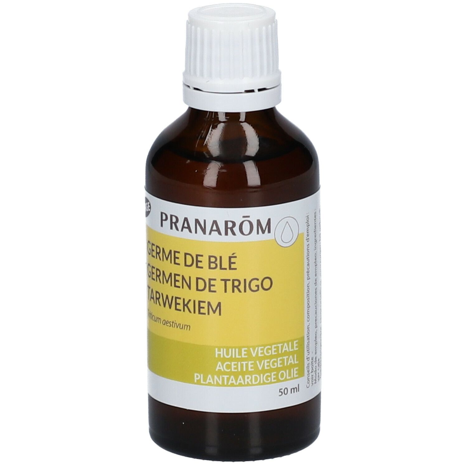 Flacon en verre brun avec bouchon blanc. Étiquette avec nom du produit et désignations multilingues. 50 ml.
