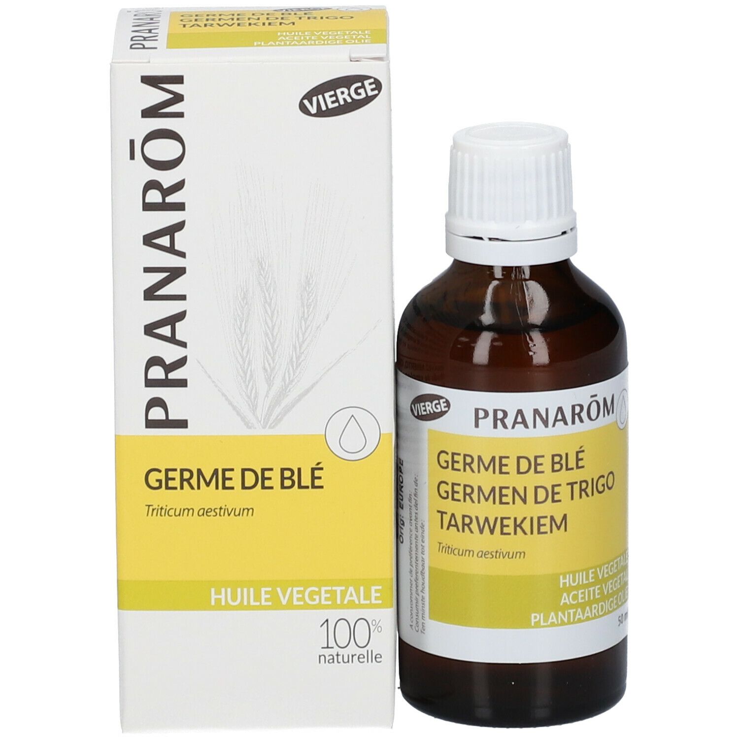Flacon en verre brun et boîte. Flacon avec bouchon blanc. Boîte avec nom du produit et logo. 100% naturel.