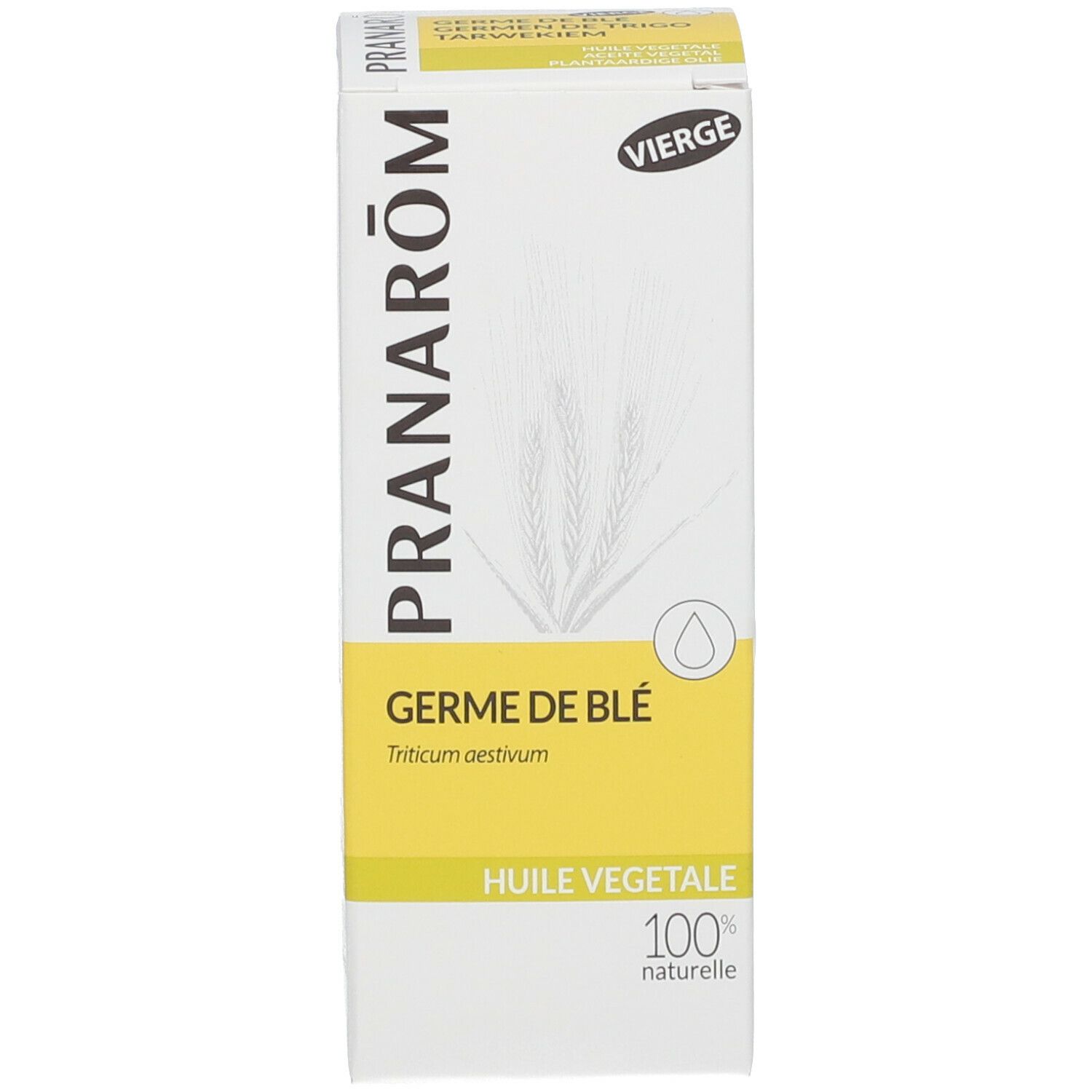Boîte avec nom du produit et logo. Texte : Germe de Blé, Huile Végétale, 100% naturelle. Couleurs jaune et blanc.