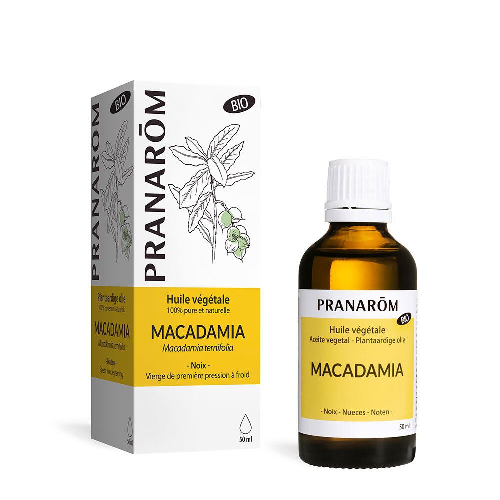 Pranarom Bio Macadamia Öl. Flasche und Verpackung. BIO-Zertifizierung. 50 ml.