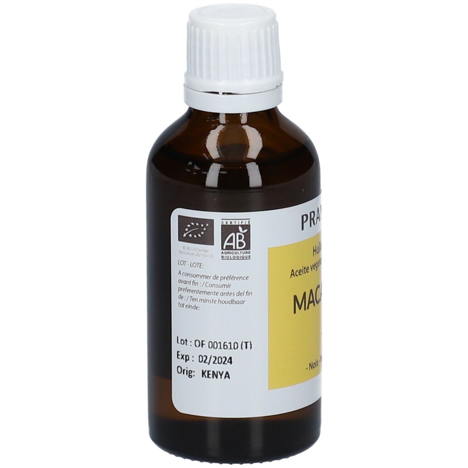 Flacon en verre brun avec bouchon blanc. Étiquette: Pranarôm, Macadamia, Bio. Contient des informations sur le lot, la date d'expiration et l'origine.