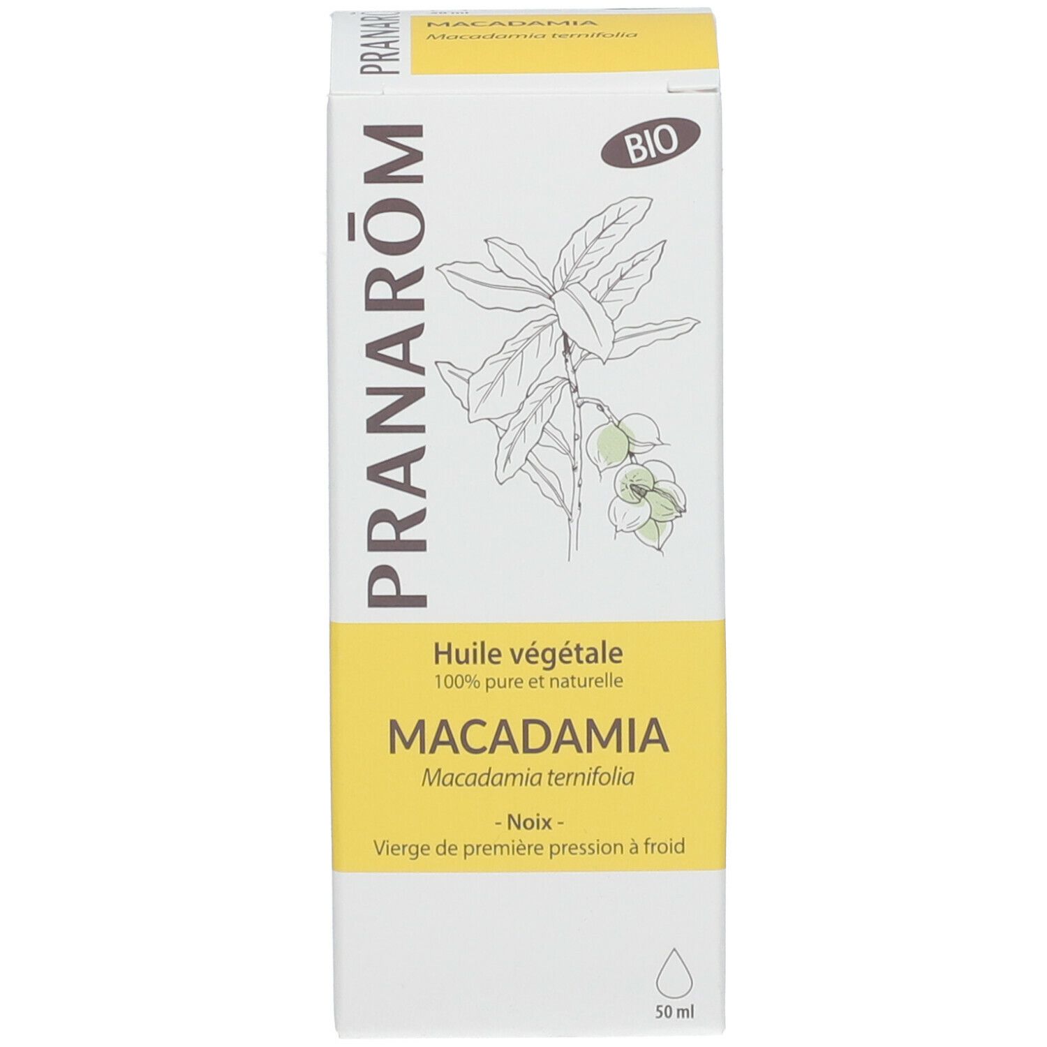 Emballage blanc avec texte: Pranarôm, Macadamia. Illustration de feuilles et de noix. 50 ml.