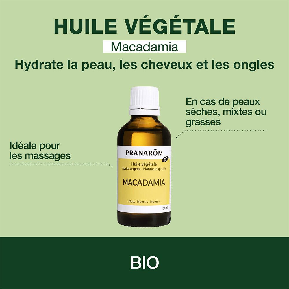 Pranarom Macadamia Öl. Flasche. Für Haut, Haare und Nägel. BIO-Zertifizierung.