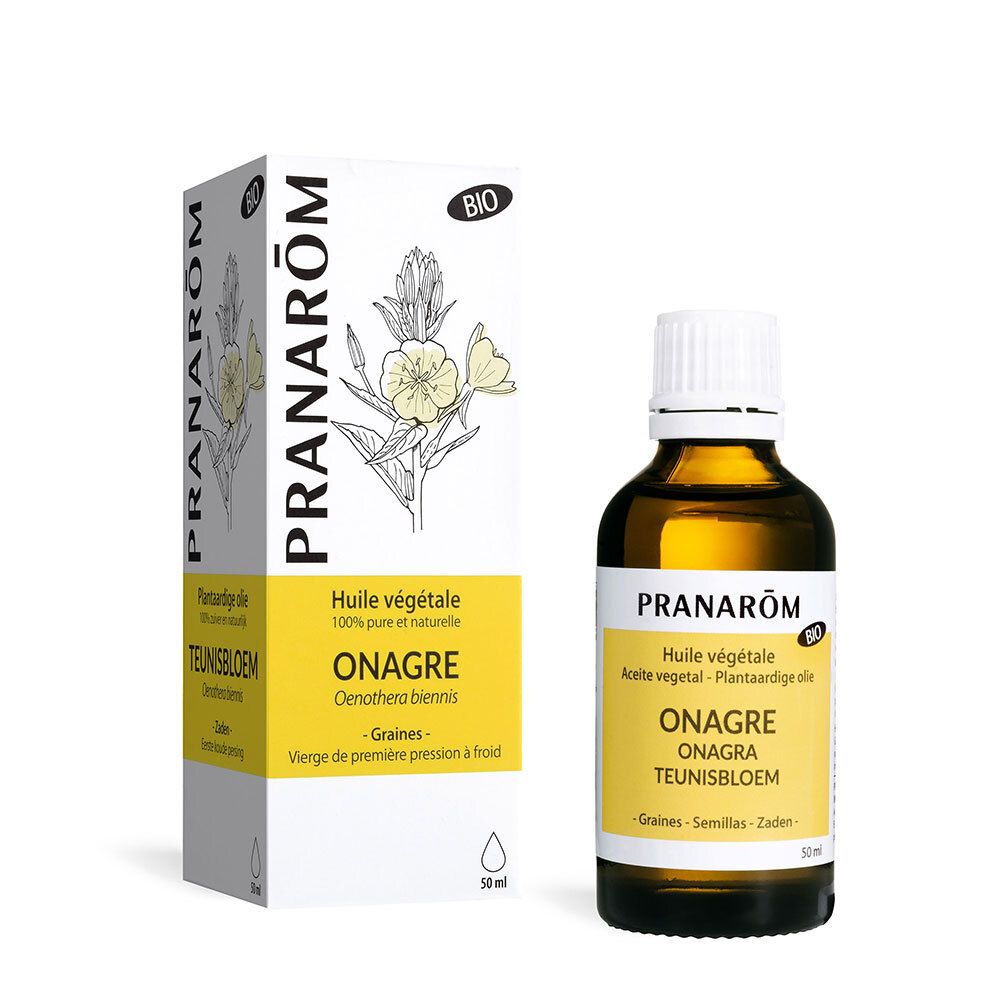 Braune Glasflasche und Karton. Aufschrift: Pranarom, Huile végétale Onagre. Bio-Siegel. 50 ml.