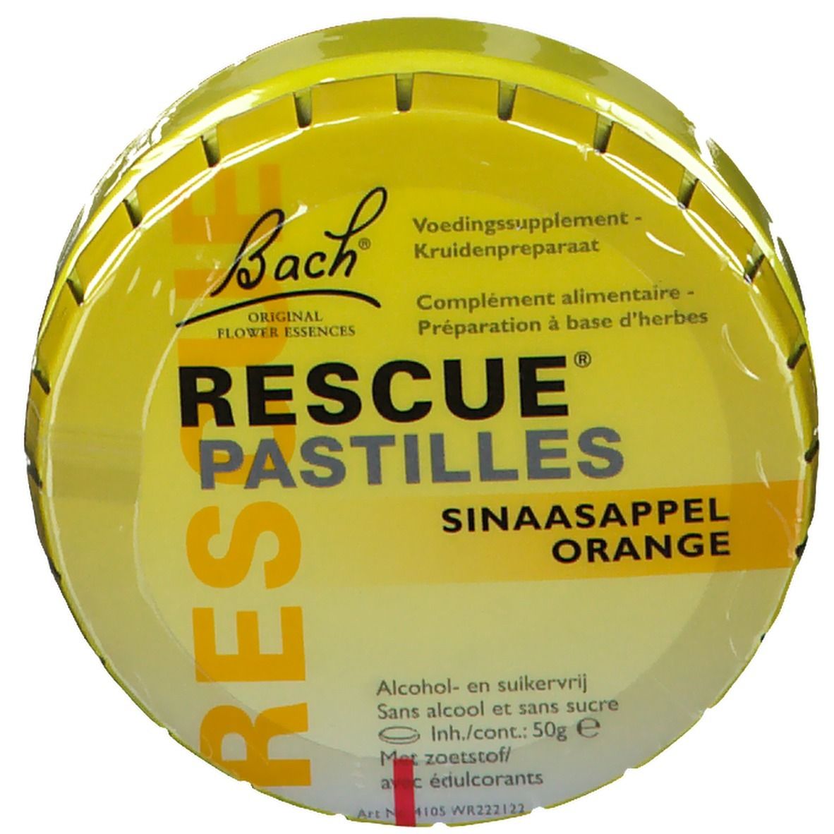 Runde, gelbe Dose. Aufschrift: "Bach Rescue Pastilles Orange Sans Sucre". Text in mehreren Sprachen.