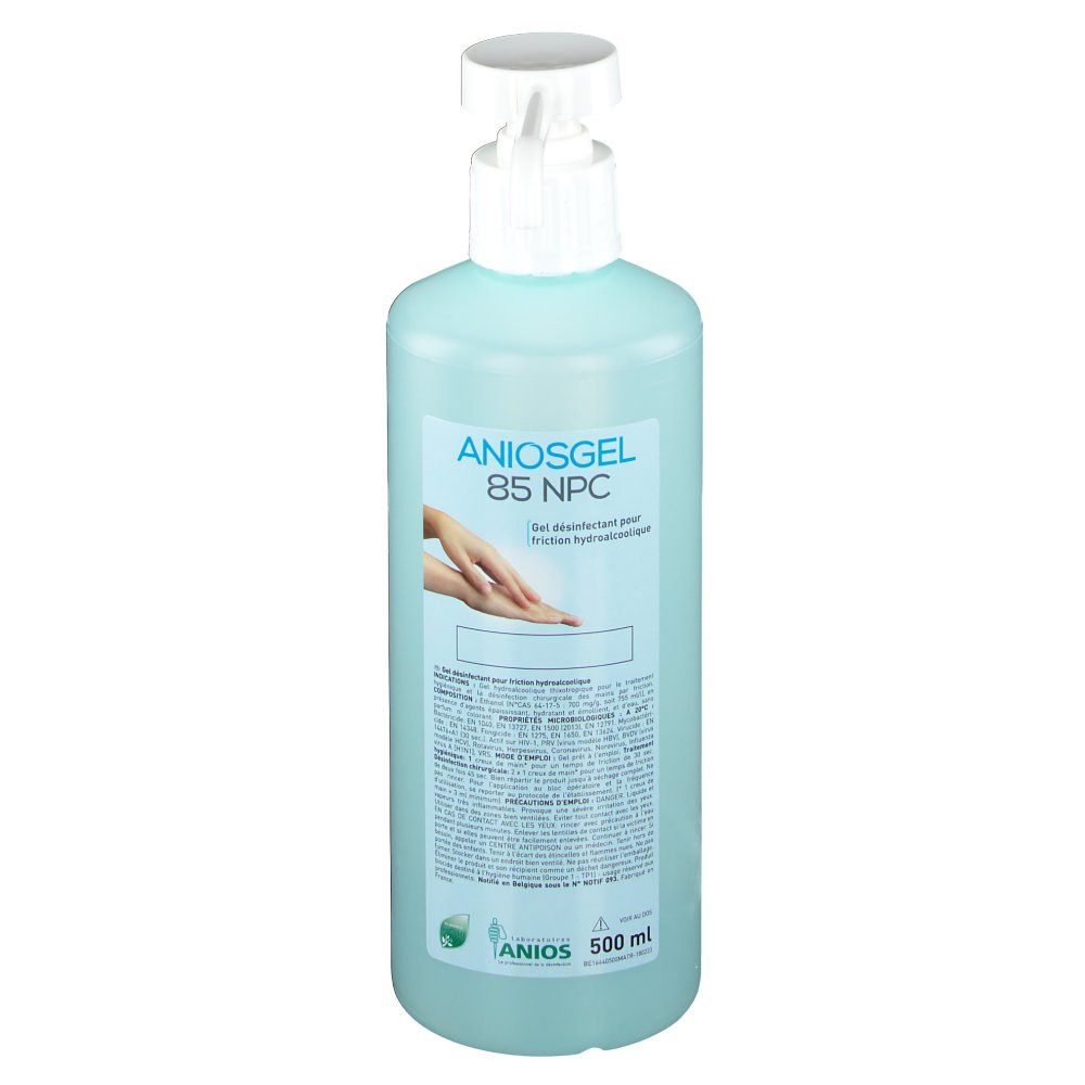 Flacon de gel bleu avec pompe. Inscription : ANIOSGEL 85 NPC. Illustration de mains. En bas : ANIOS, 500 ml.