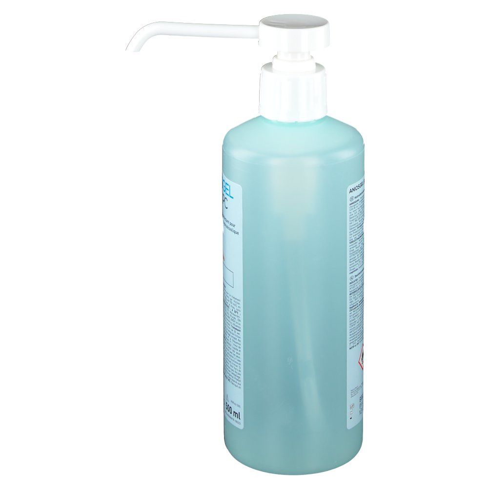 Gel bleu en flacon avec pompe. Vue latérale. Inscription illisible. En bas : 500 ml.