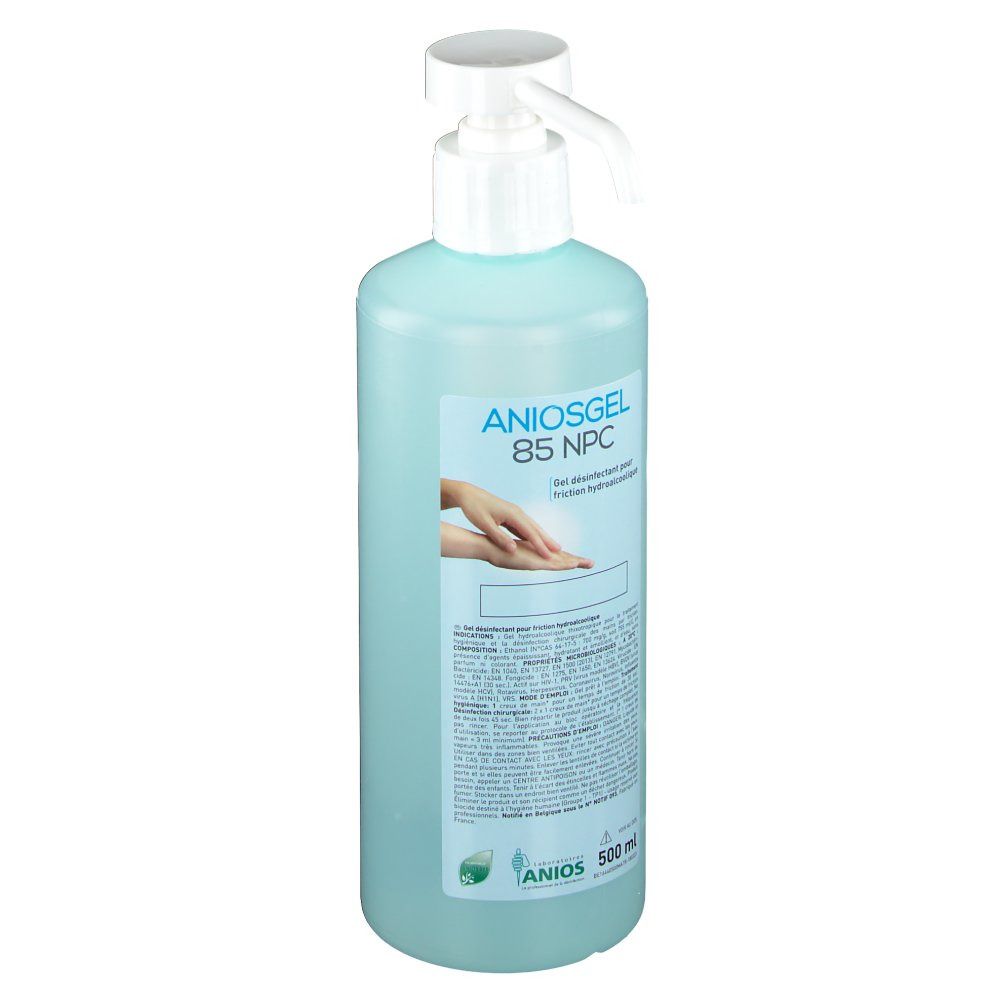 Flacon de gel bleu avec pompe. Inscription : ANIOSGEL 85 NPC. Illustration de mains. En bas : ANIOS, 500 ml.
