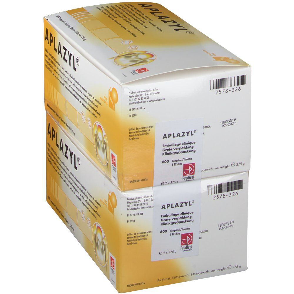 Deux boîtes Aplazyl®. Inscription: 600 comprimés. Texte multilingue. Produit pour chiens et chats.