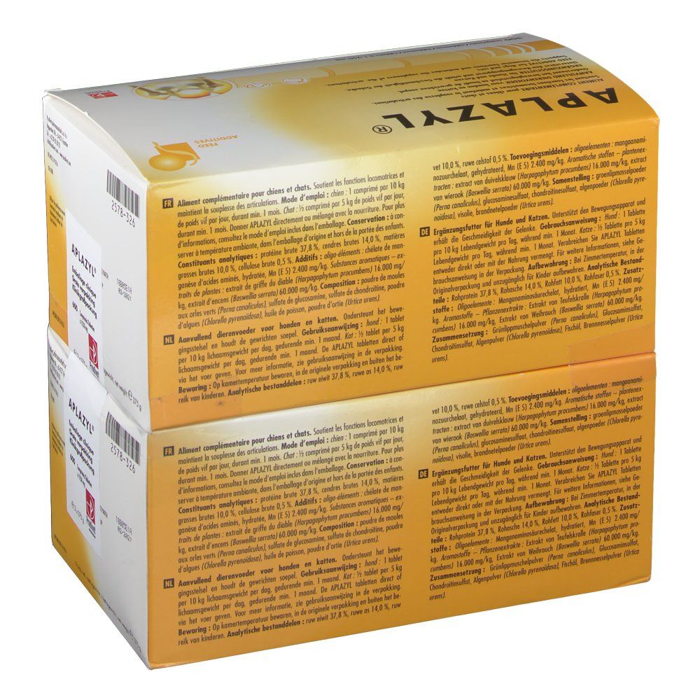 Deux boîtes Aplazyl®. Inscription: 600 comprimés. Texte multilingue. Produit pour chiens et chats.