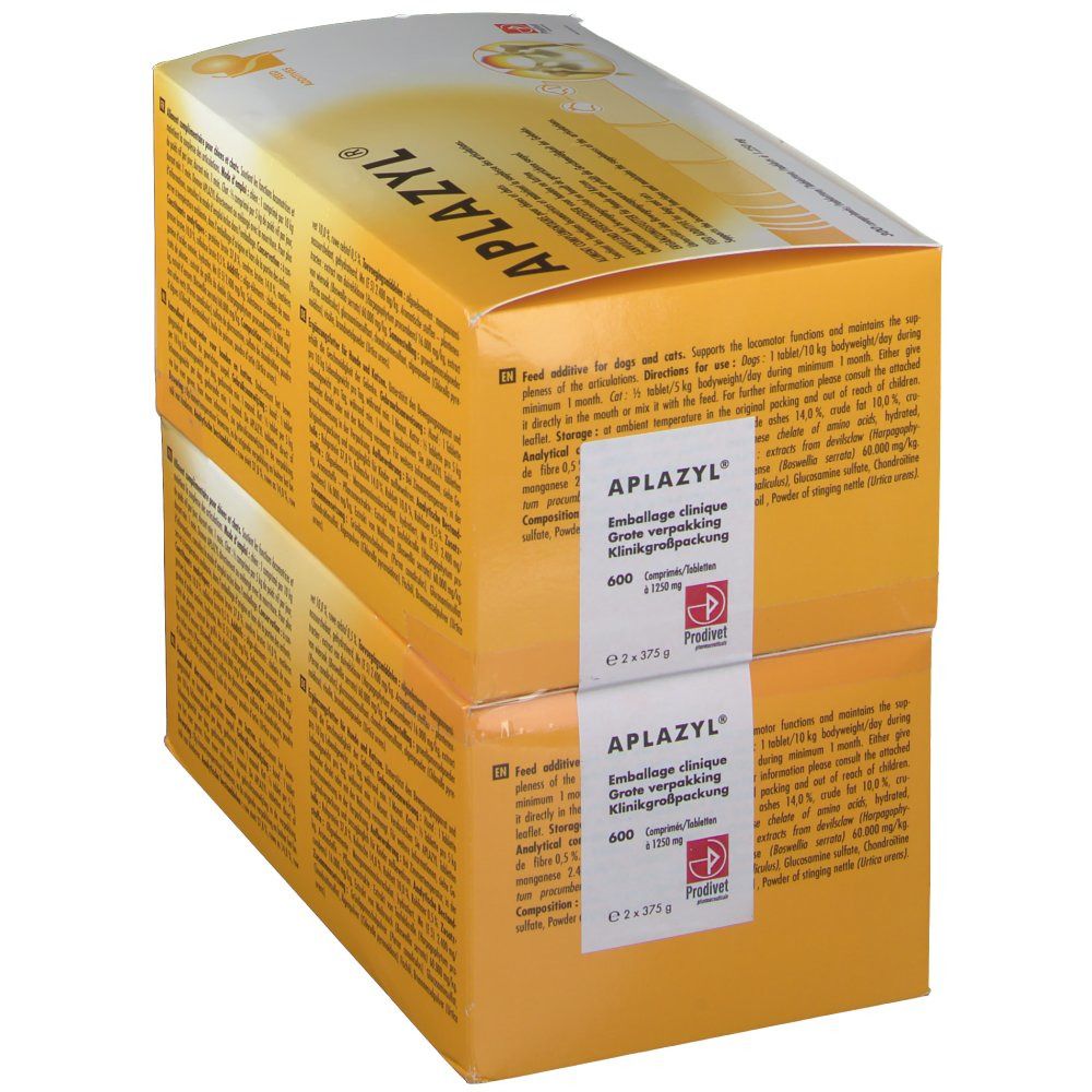 Deux boîtes Aplazyl®. Inscription: 600 comprimés. Texte multilingue. Produit pour chiens et chats.