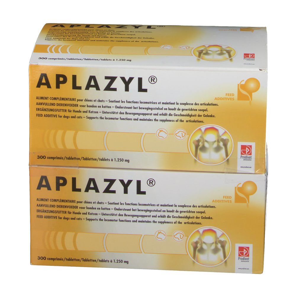 Deux boîtes Aplazyl®. Inscription: 300 comprimés. Texte multilingue. Produit pour chiens et chats.