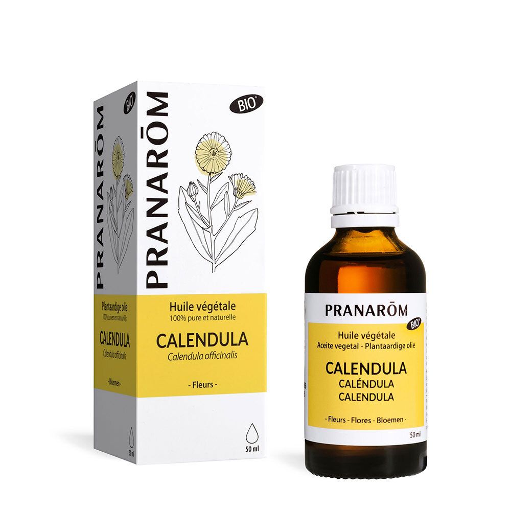 Pranarom Calendula Pflanzenöl Flasche und Karton. BIO-Siegel und Blumenillustration.