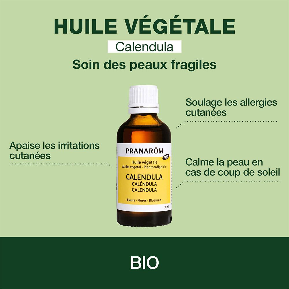 Pranarom Calendula Ölflasche mit Hinweisen zu Hautpflegevorteilen. BIO-Qualität.