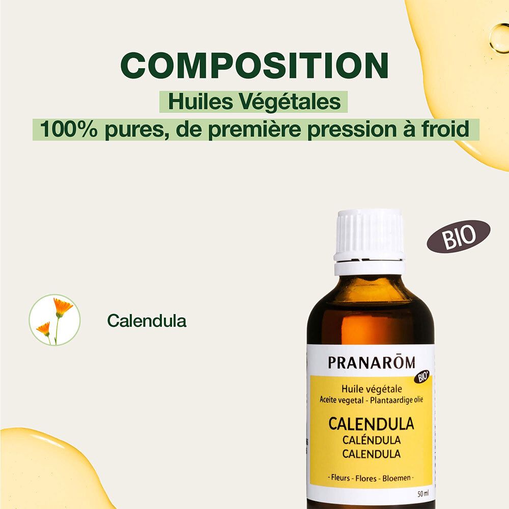 Pranarom Calendula Ölflasche. BIO, 100% rein, natürlich, Kaltpressung. Mit Blumenabbildung.
