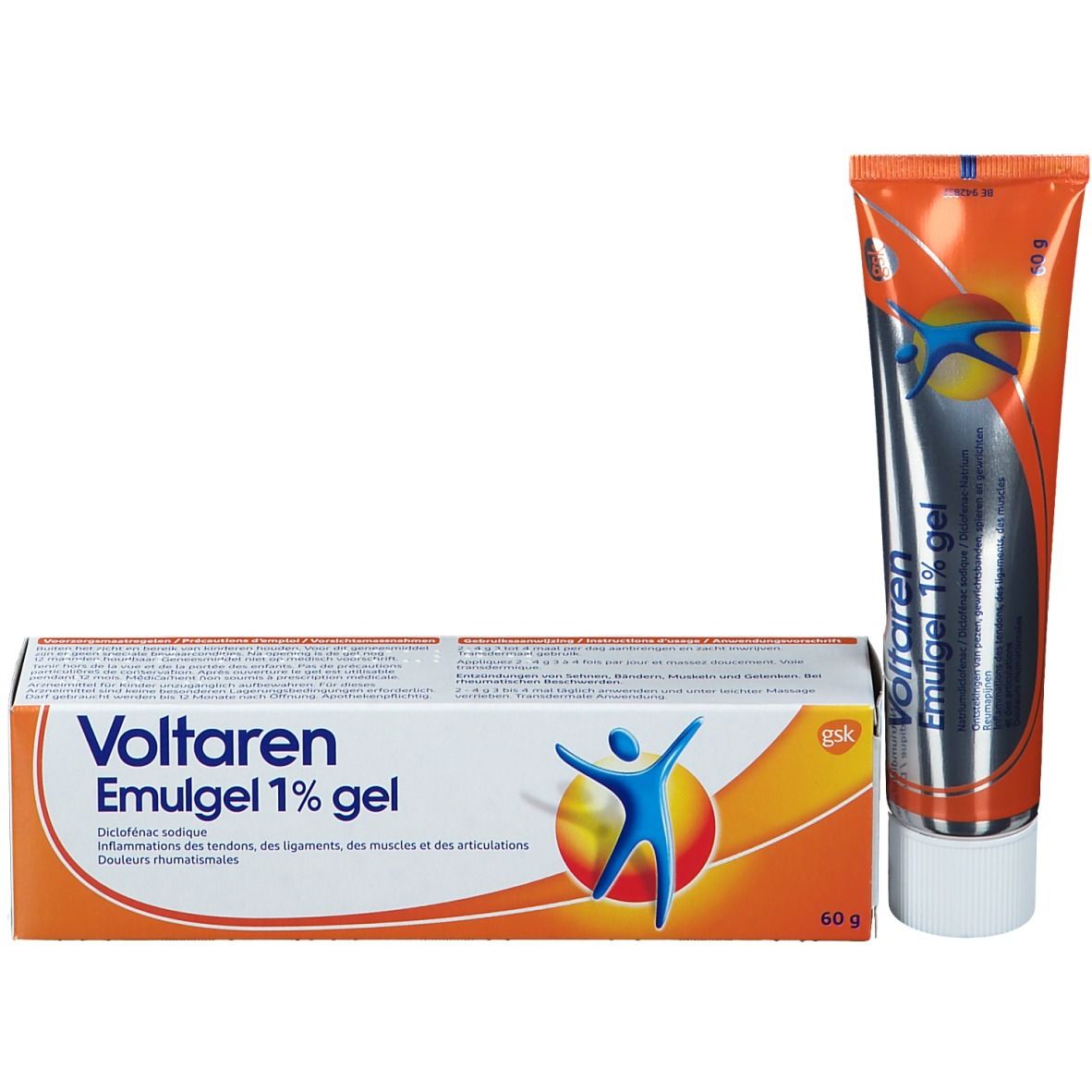 Tube en doos van Voltaren Emulgel 1% gel. Oranje ontwerp met logo en productinformatie. 60g.