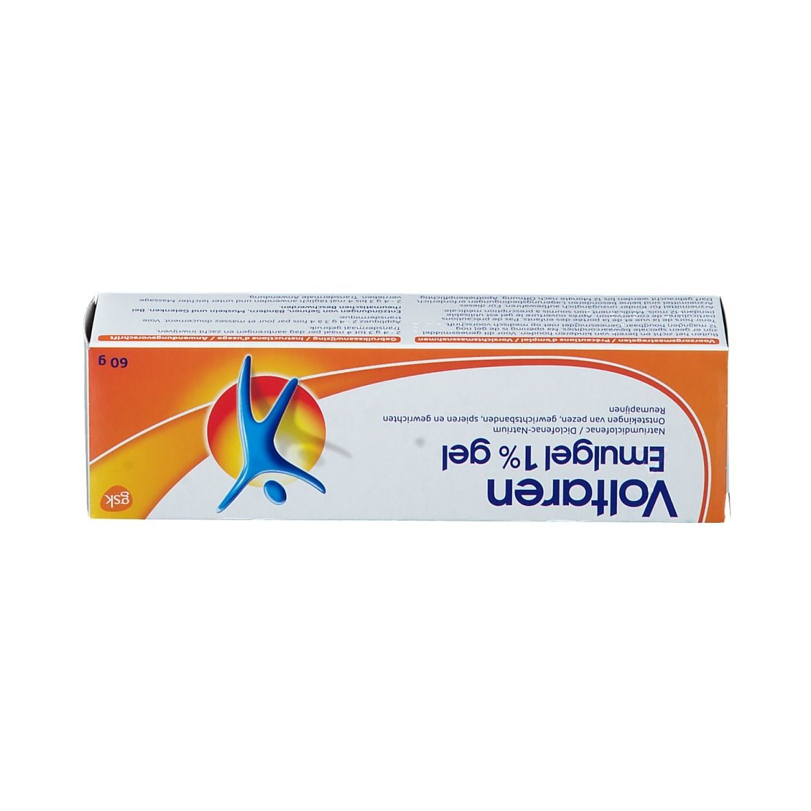 Doos van Voltaren Emulgel 1% gel. Oranje ontwerp met logo en productinformatie. 60g.