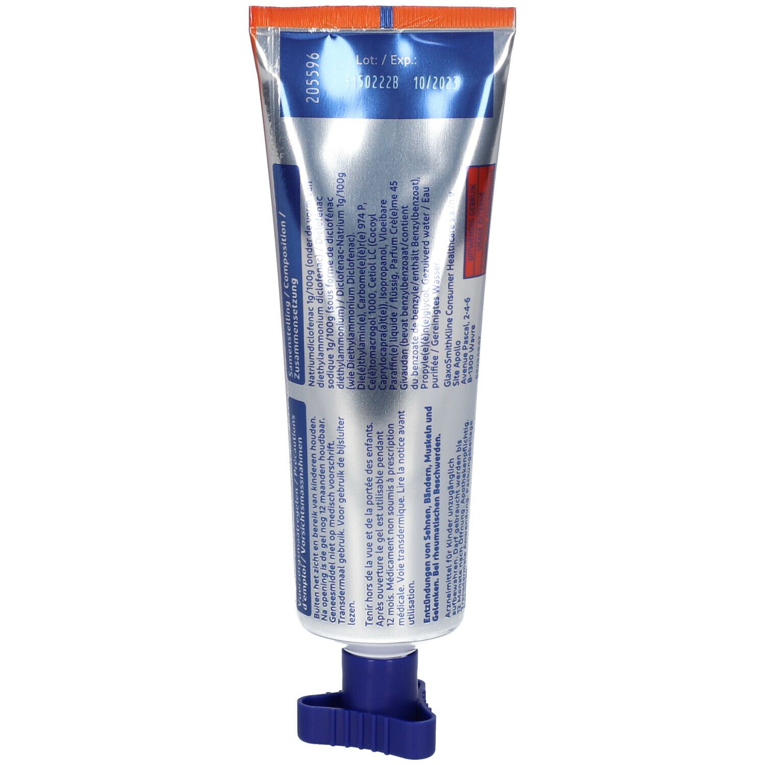 Tube met blauwe dop. Achterkant met tekst en lotnummer. Oranje en rode strepen bovenaan. Houdbaarheidsdatum: 10/2023.