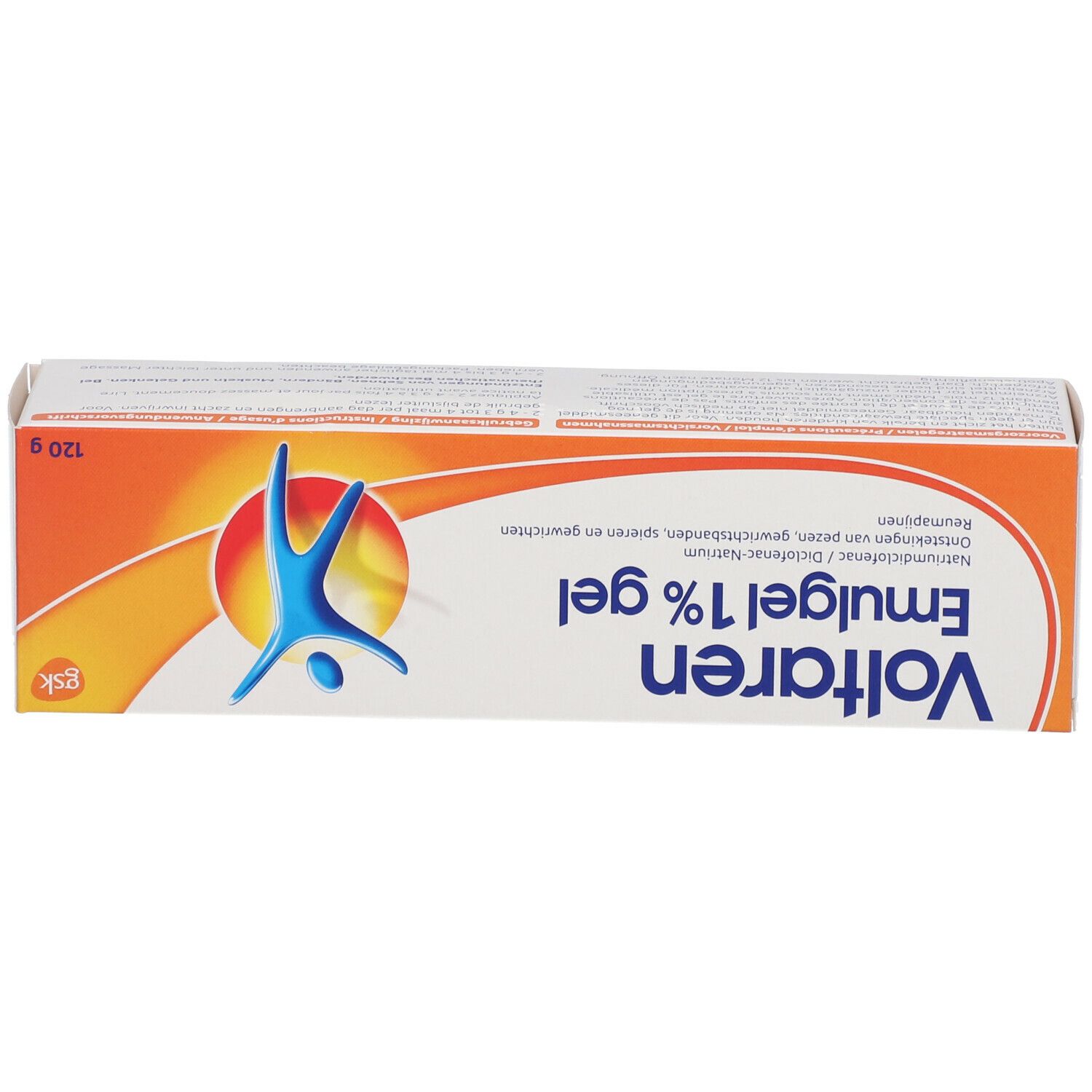 Doos met productnaam en logo. Oranje achtergrond met blauw logo. Tekst: Voltaren Emulgel 1% gel. 120g.