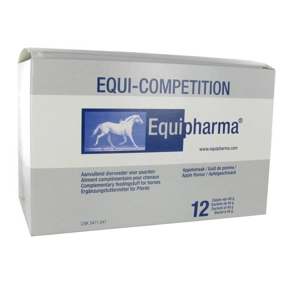 Boîte EQUI-COMPETITION Equipharma®. Graphique bleu avec cheval. 12 sachets, goût pomme.