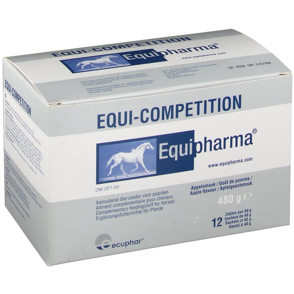 Boîte EQUI-COMPETITION Equipharma®. Graphique bleu avec cheval. 480g, 12 sachets, goût pomme.
