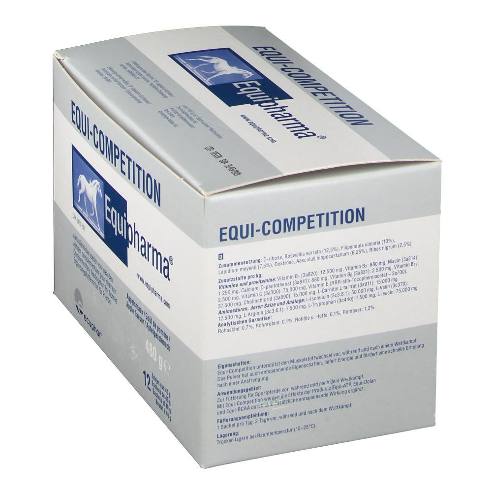 Boîte EQUI-COMPETITION Equipharma®. Graphique bleu avec cheval. Informations produit imprimées. 12 sachets.